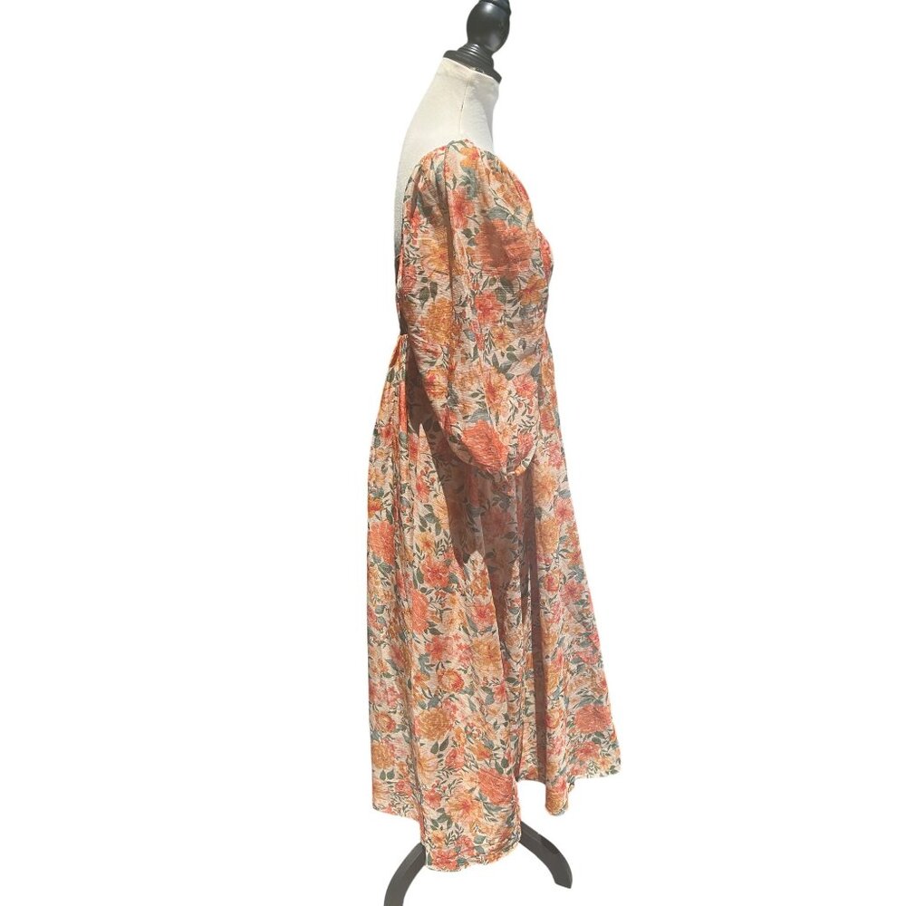 NWT Floral Puff Sleeve Midi Dress Size M Cottagecore Prairie Boho Festival - Picture 2 of 11